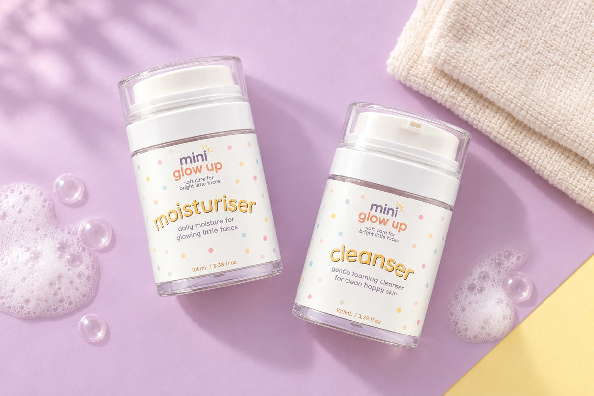 Mini Glow Up cleanser and moisturiser with a soft washcloth